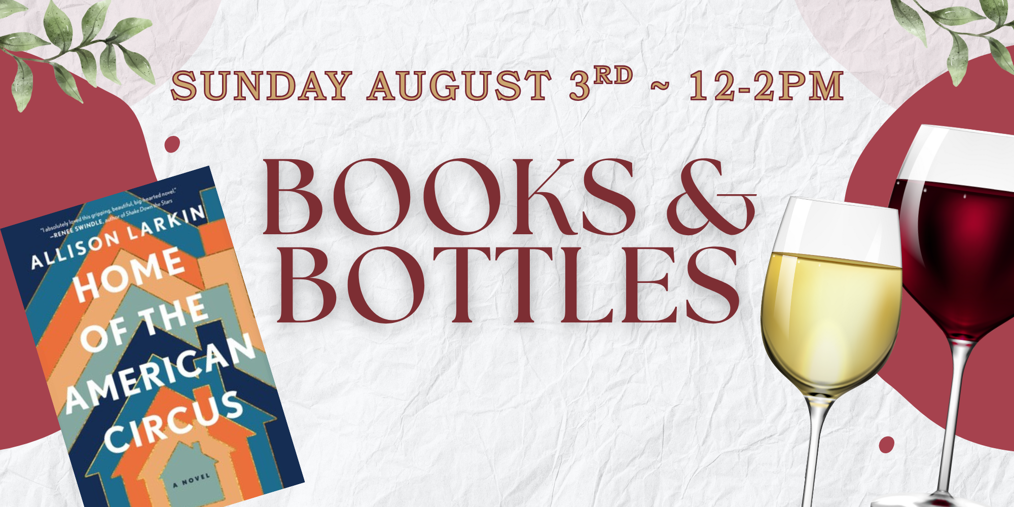 Books & Bottles at Kuper Wine Bar on Sunday, August 3 from 12pm - 2pm.
